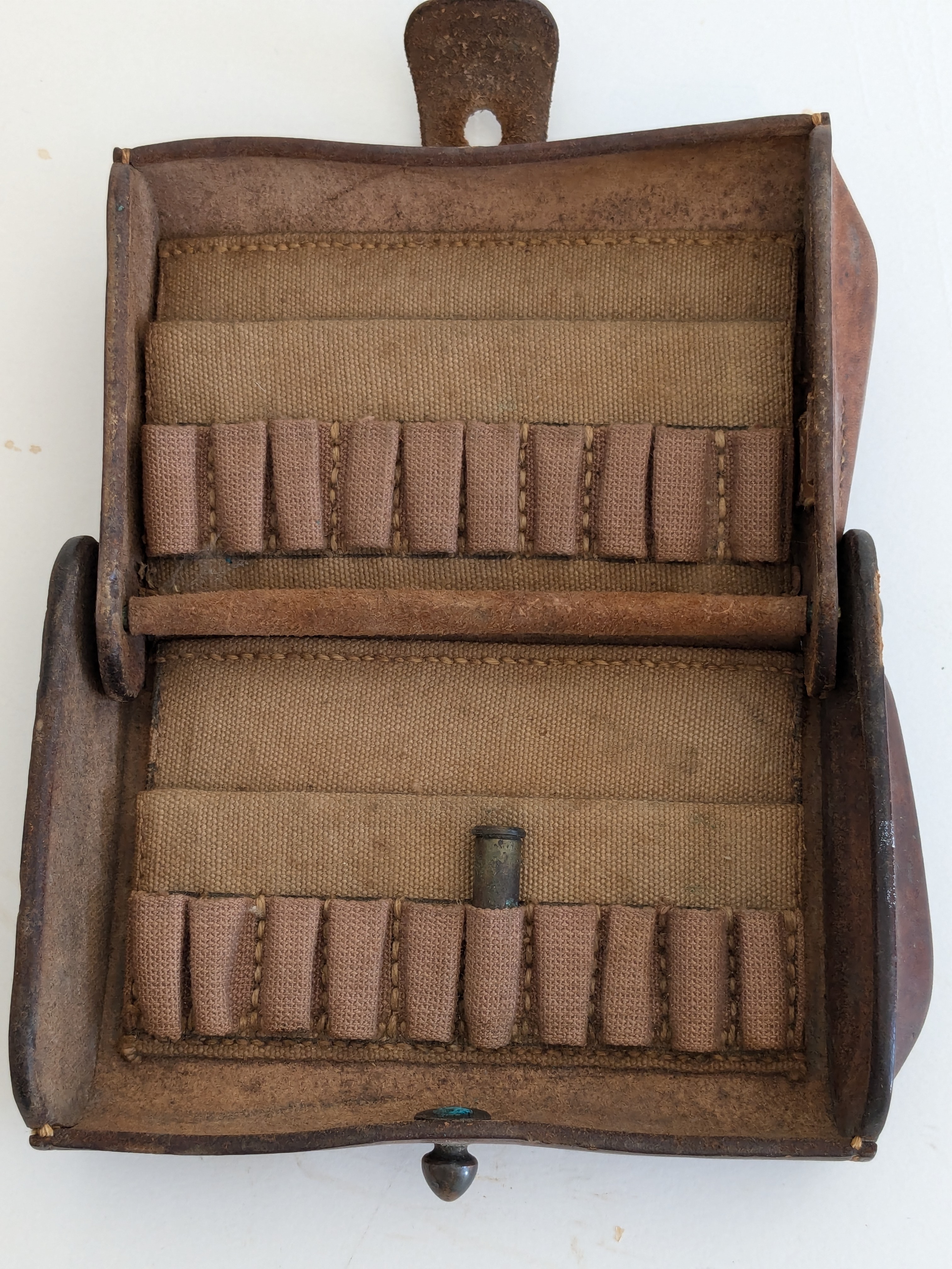 Rock Island Arsenal 1903 McKeever cartridge box opened to show two rows of canvas cartridge loops