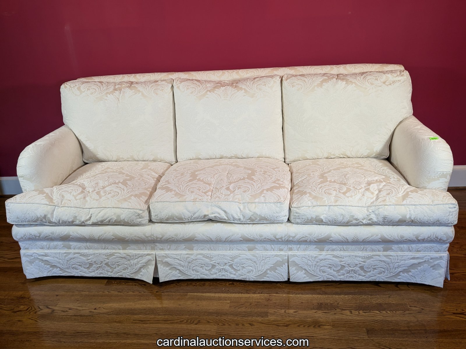 EJ Victor three-seat ivory damask sofa, Lot 106, Barrington estate sale