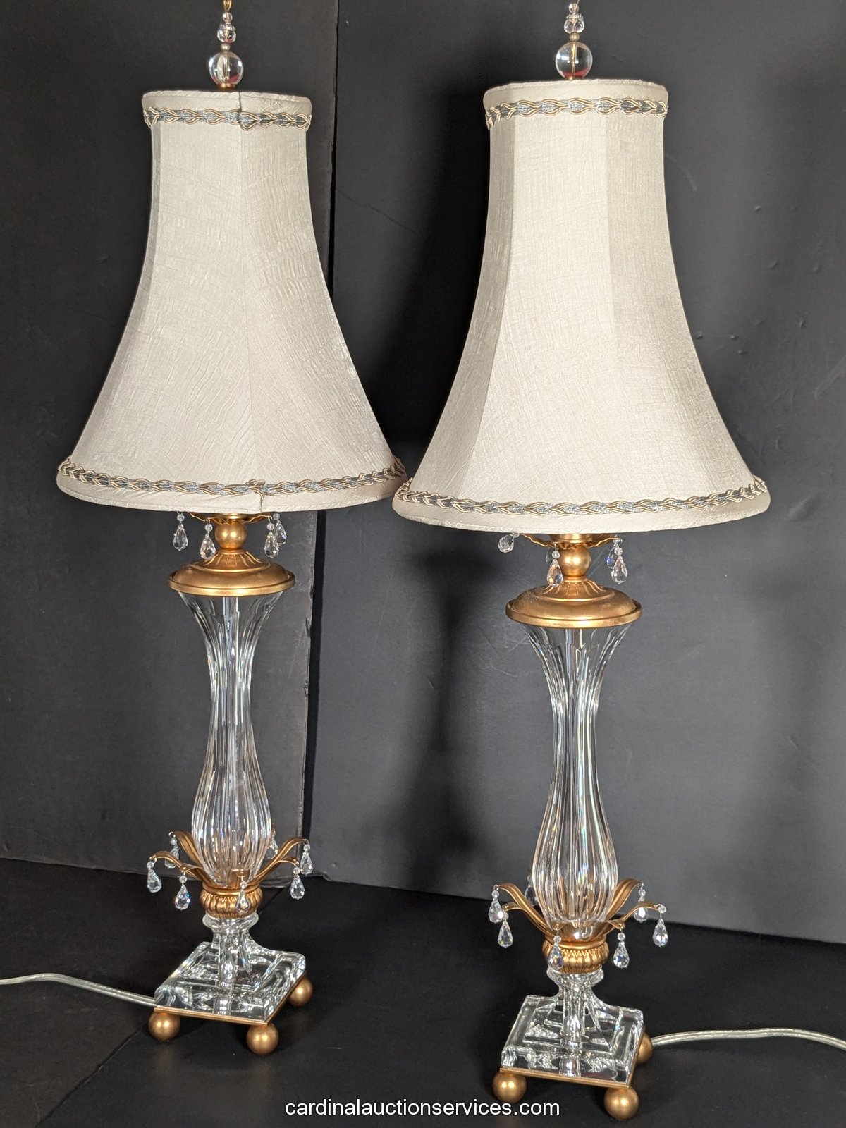 Cut Crystal and Gilt Metal Table Lamps with Prism Drops, Pair - Lot 117, Barrington estate auction, Short Pump, Richmond VA