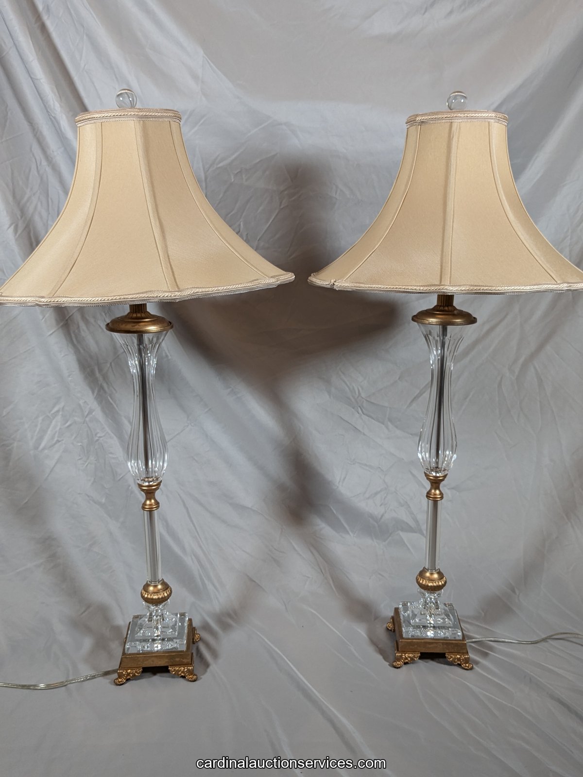 Cut Crystal and Gilt Metal Buffet Lamps with Pagoda Shades, Pair - Lot 128, Barrington estate auction, Short Pump, Richmond VA