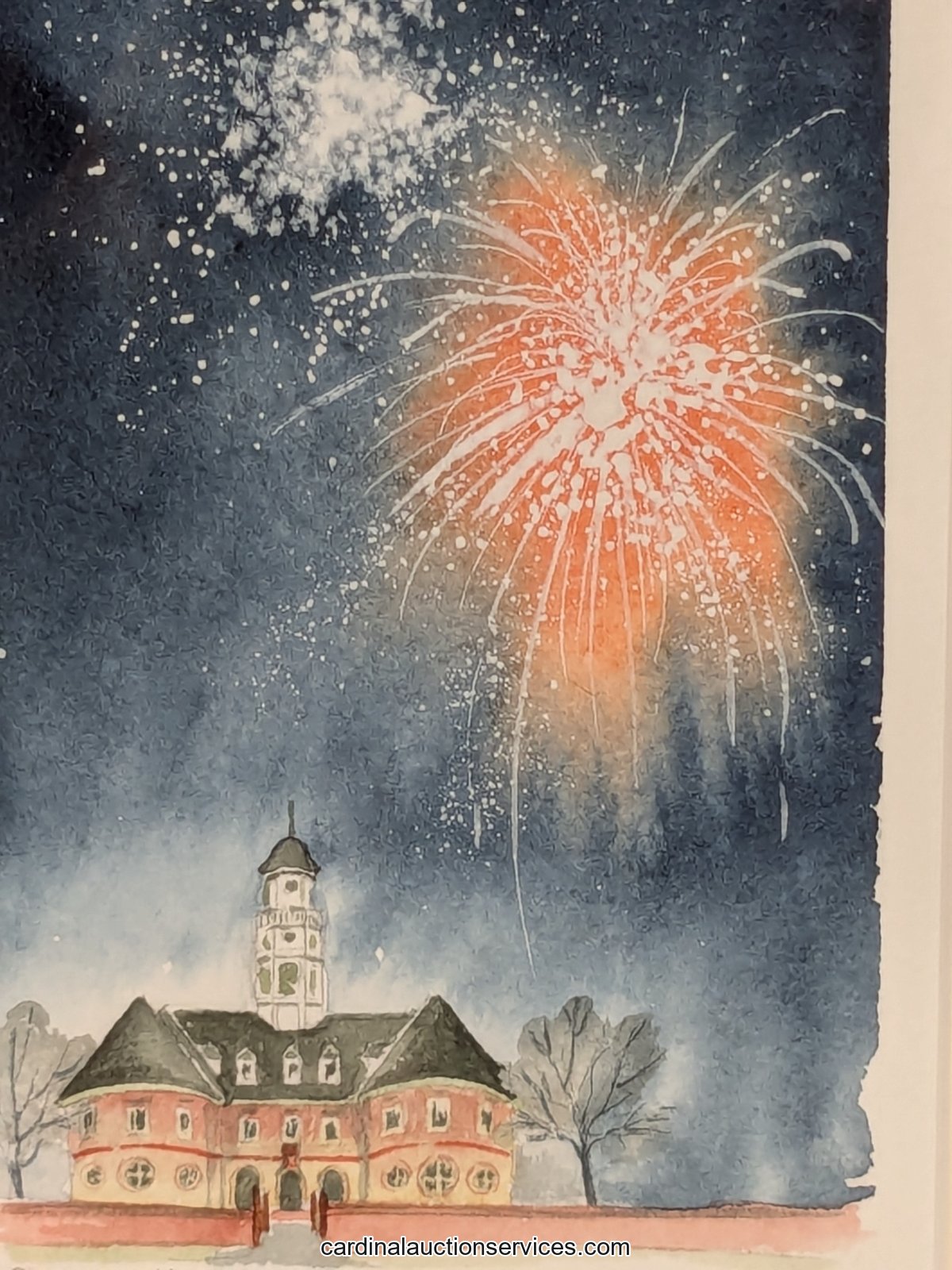 Watercolor of orange and white fireworks bursting in a night sky above a brick building with a cupola, this week's Mystery Lot