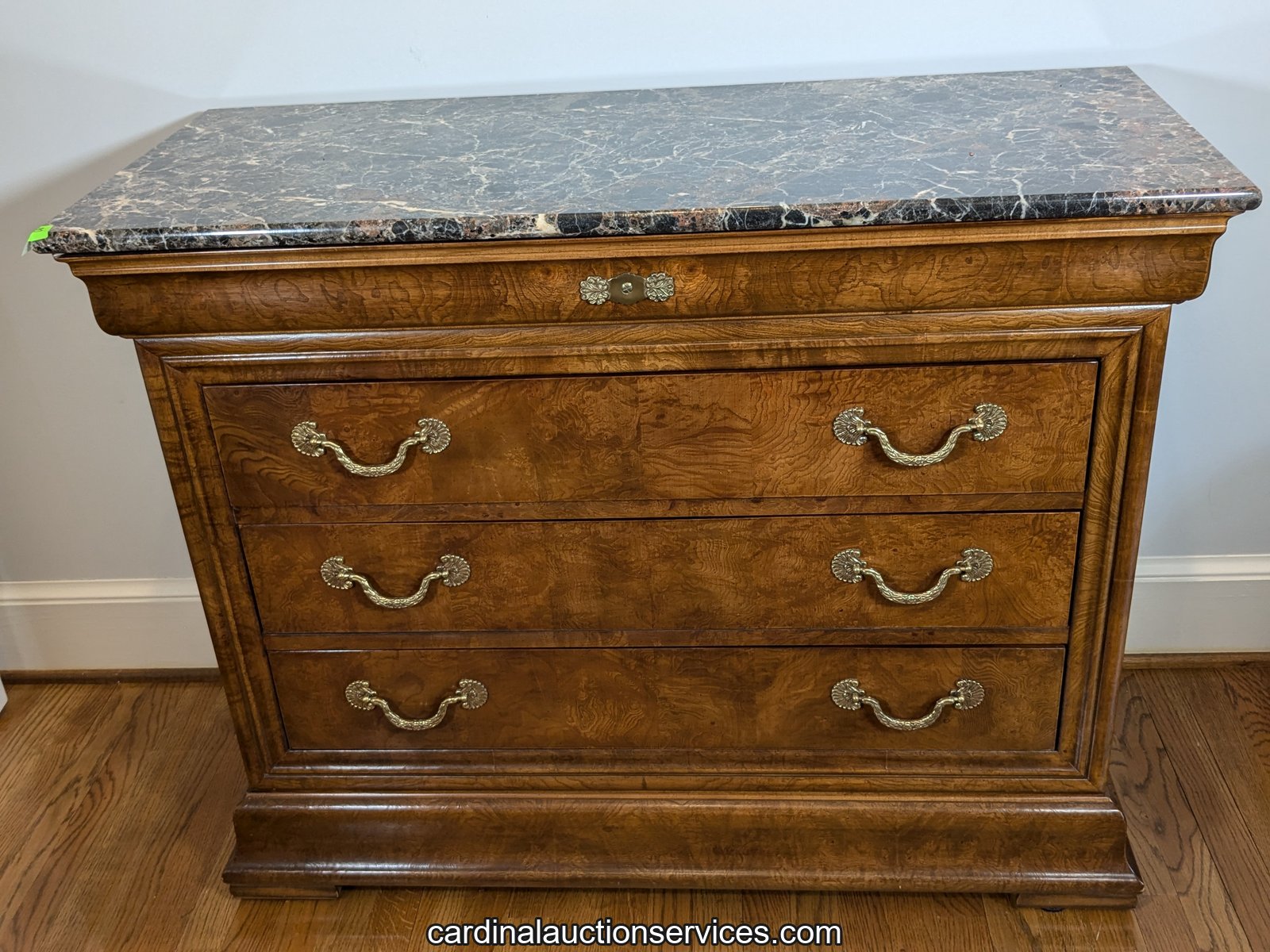 Henredon Charles X marble-top burl chest, Lot 653, Barrington estate sale, Short Pump VA