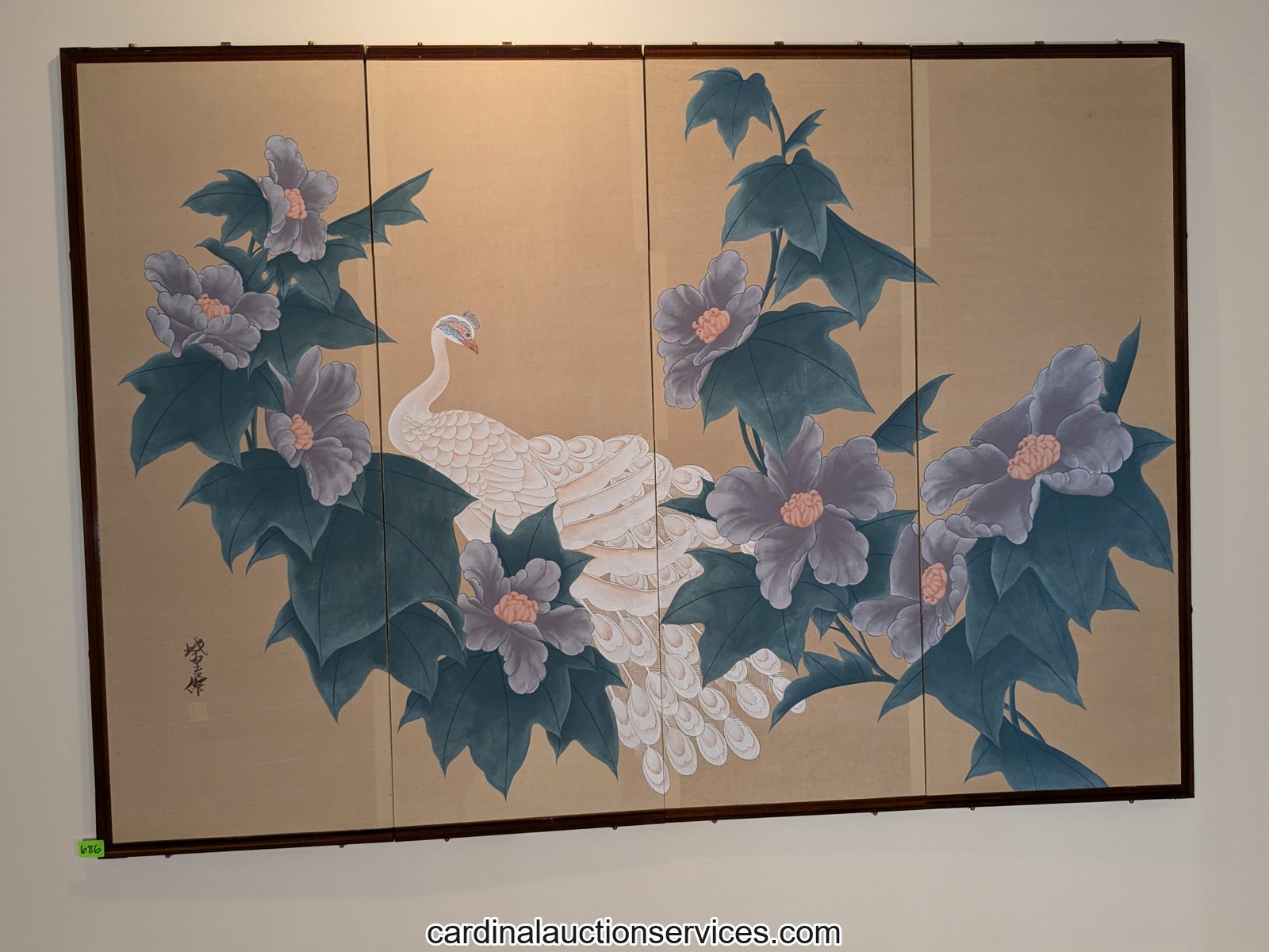Japanese four-panel byobu folding screen hand-painted on silk with a white peacock and hibiscus, Lot 686, Barrington estate sale