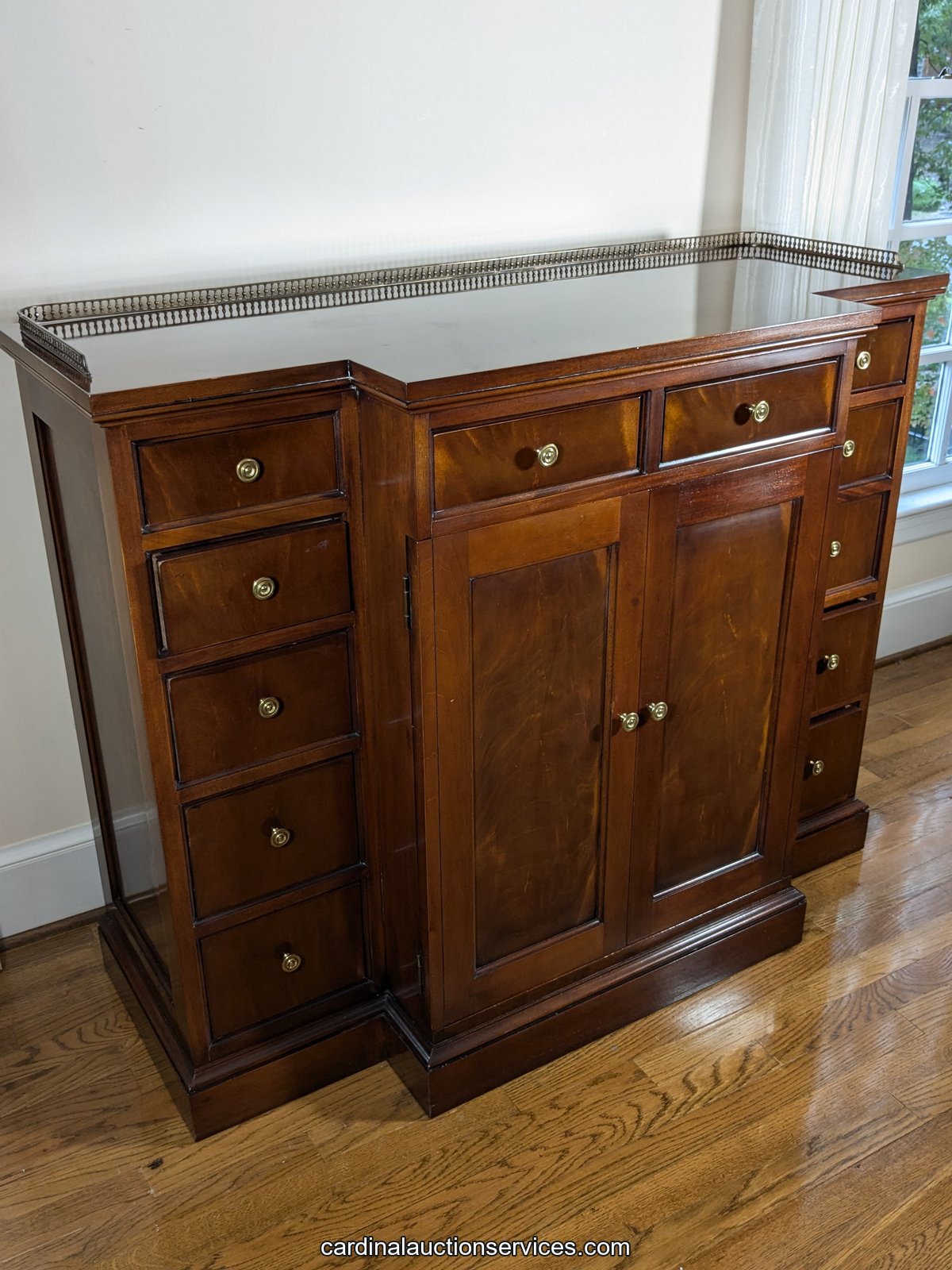 Hickory Chair Mahogany Breakfront Cabinet with Brass Gallery - Lot 813, Barrington estate auction, Short Pump, Richmond VA