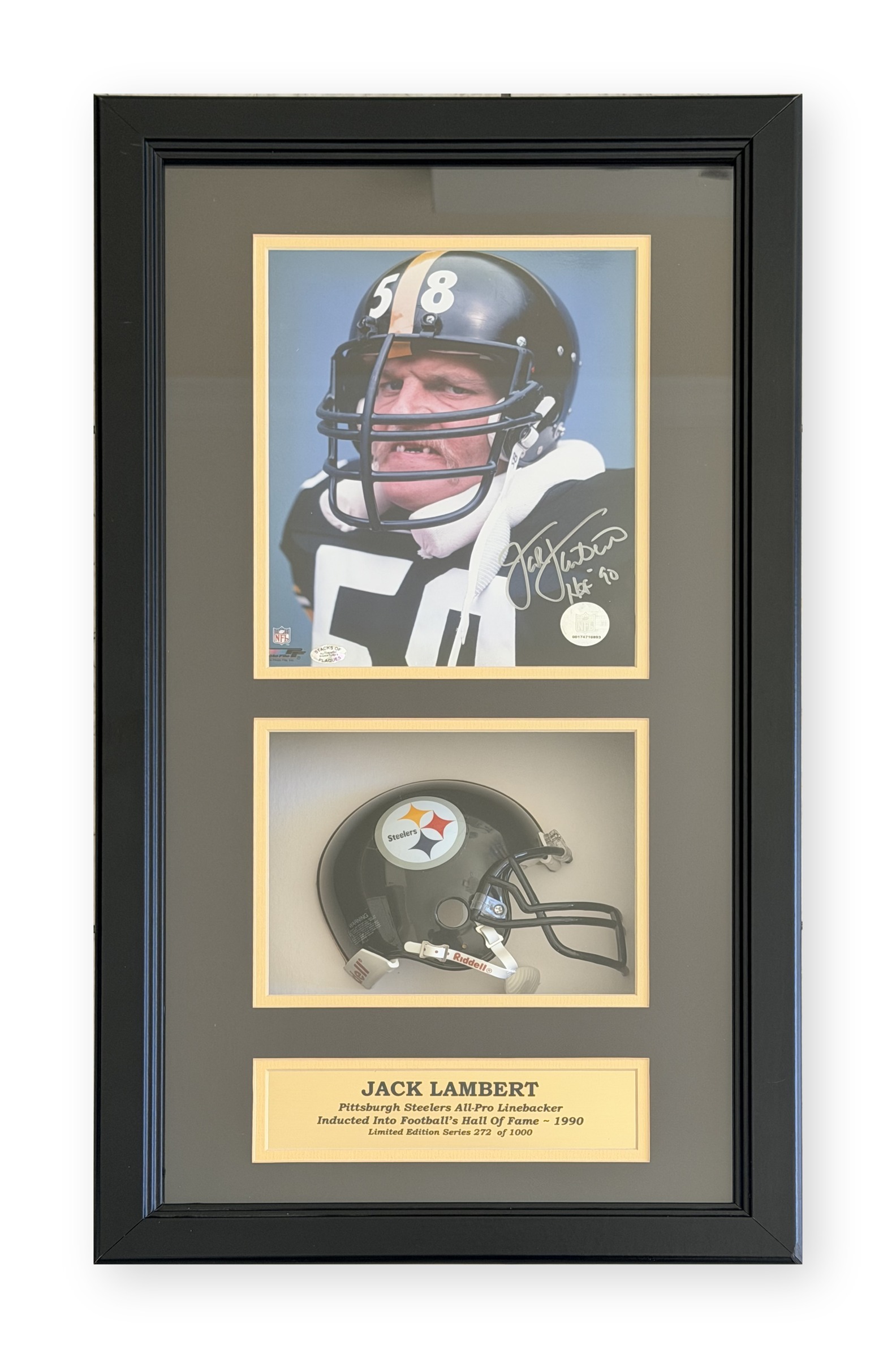 Jack Lambert signed HOF 90 framed shadow box with Steelers mini helmet