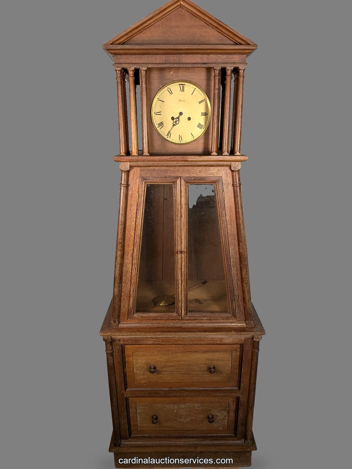 Jauch German tall case clock in temple-style wood case with columned hood