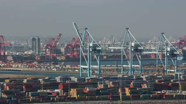 Long Beach, California circa-2017, Aerial shot of Long Beach shipping terminal.  Shot with Cineflex 