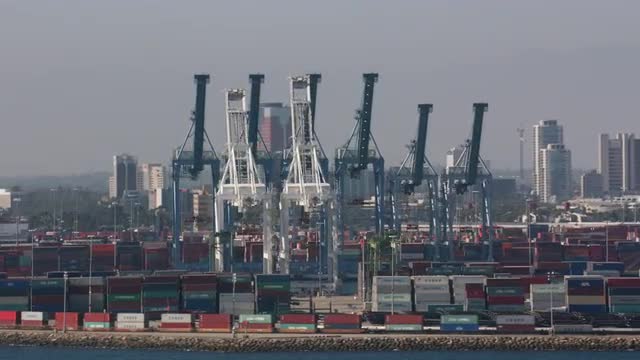 Long Beach, California circa-2017, Aerial shot of Long Beach shipping terminal.  Shot with Cineflex 