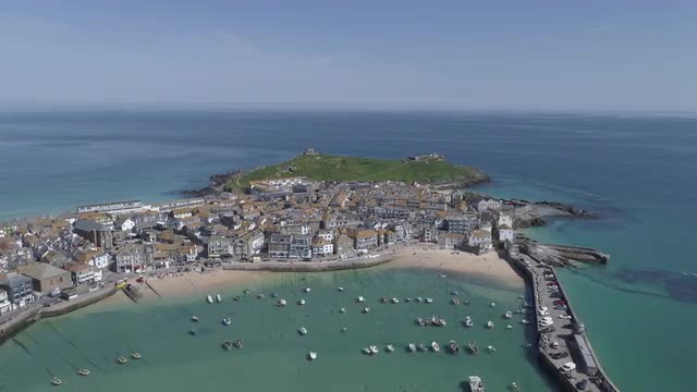 4K Aerial footage of St Ives harbour on a beautiful sunny day