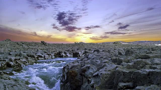 Icelandic rocky river at sunset