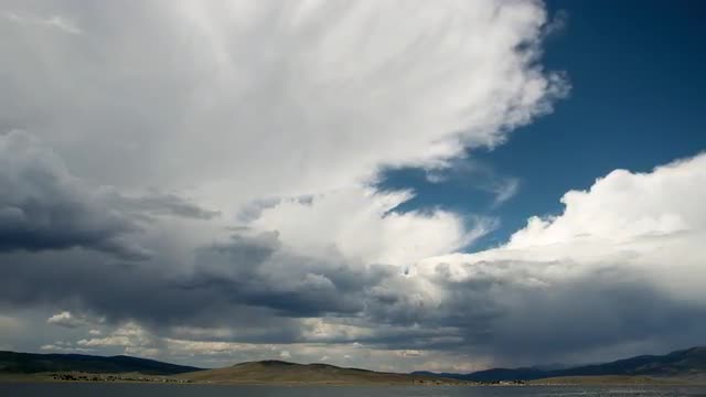 Timelapse of clouds over lake in wide open valley