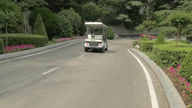 Golf Carts Driving Down A Road