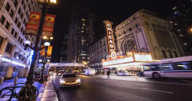 Chicago Theater Building Front  Street Level | Night | Wet Streets