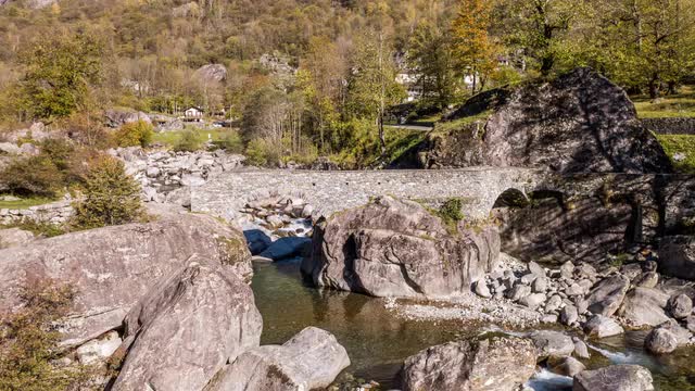 Valley Autumn River Bridge Rocks Ticino Switzerland Aerial 4k