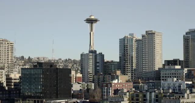 Wide aerial shot of the Seattle Space Needle