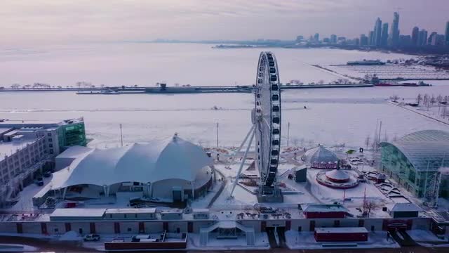 Frozen ferries wheel and Navy Pier in Chicago