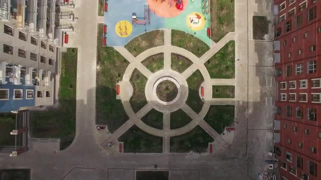 Apartment complex with inner court, aerial shot. Russia