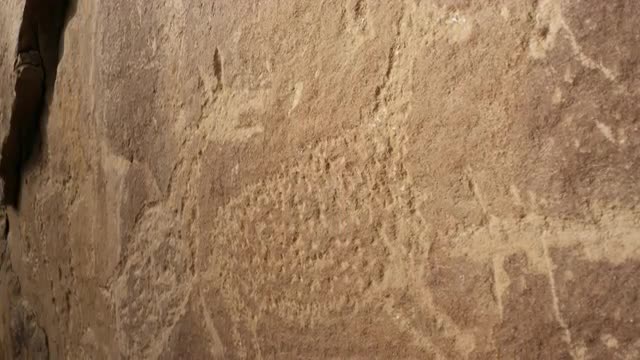 Up close panning view of ancient petroglyph carvings