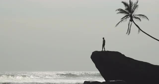 Seascape with alone man on rock