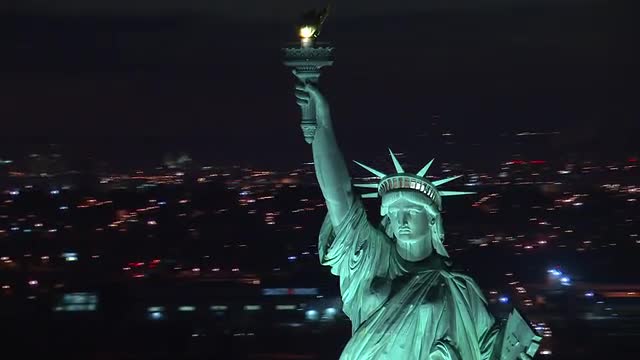 New York City Aerial - Statue of Liberty at Night