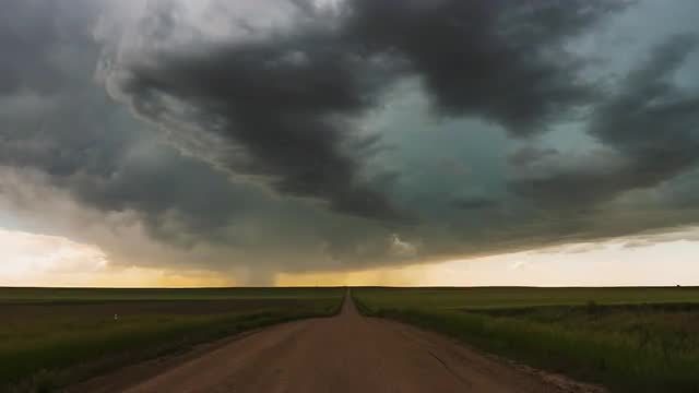 Dirt road stretching into the distance as storm cell moves in the sky