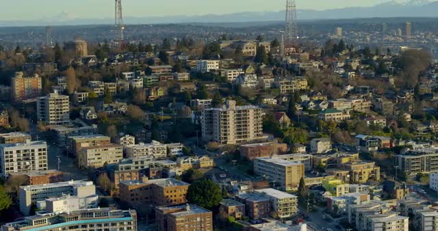 Medium aerial shot of Queen Anne Hill in Seattle