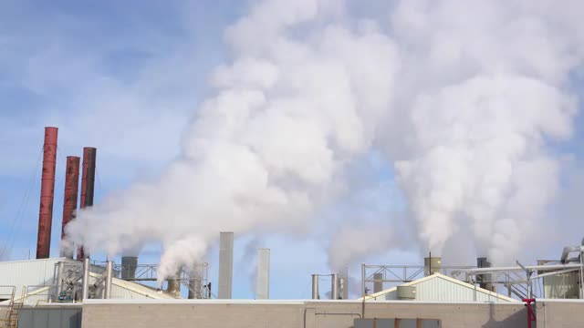Factory roof as steam and smoke rise from pipes