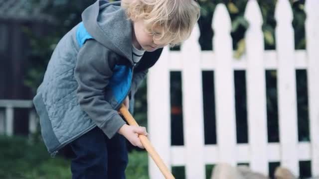 Tilt up from shovel to 4 year old boy digging a hole with in slow motion