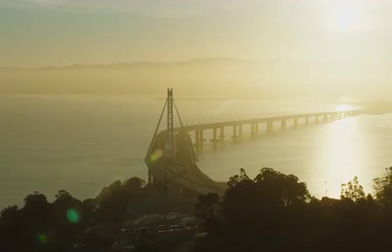 Wide aerial shot of the Bay Bridge in San Francisco