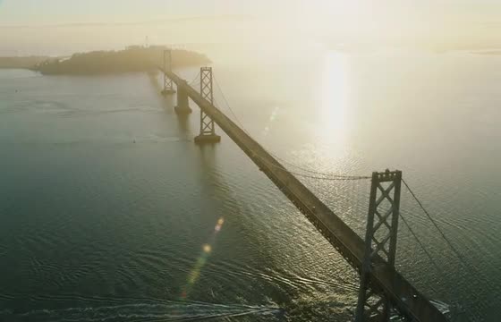 Wide aerial shot of the Bay Bridge in San Francisco