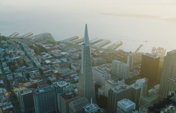 Wide aerial shot of Transamerica Pyramid in downtown San Francisco