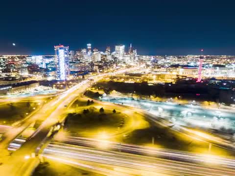 Aerial Hyperlapse over Denver i-25 Freeway at Night during Rush Hour