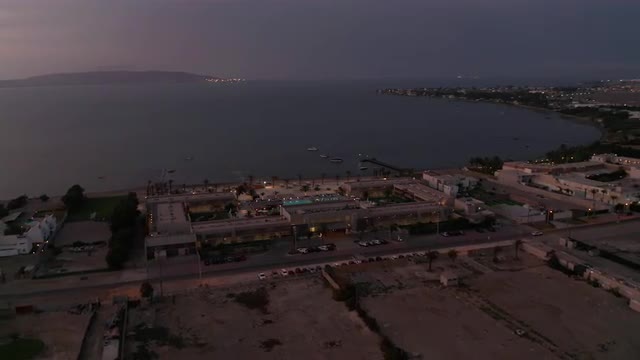 Aerial view with drone of hotels on the coast of Paracas, Peru