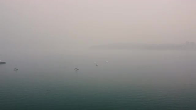 Aerial view of yachts anchored in the foggy and infinite ocean