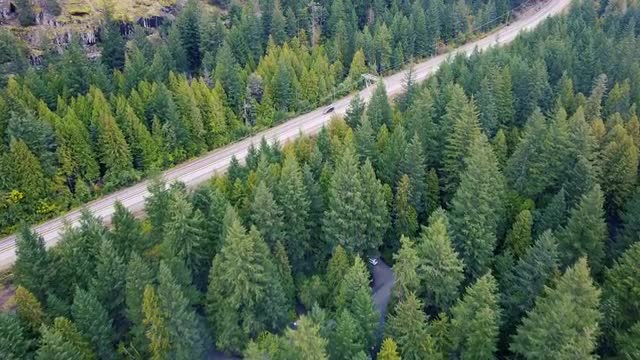 Fly over green spine forest over campgrounds with the road ahead