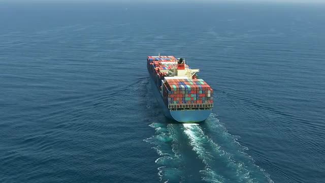 Aerial shot of container ship in ocean
