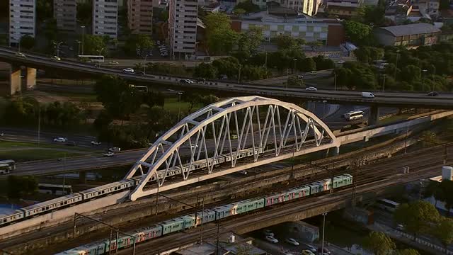 Train and car traffic in Rio de Janeiro, Brazil