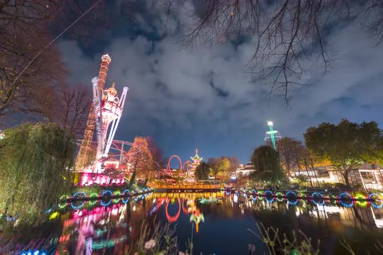 Intricate Night Timelapse of Tivoli Gardens Amusement Park in Copenhagen, Denmark