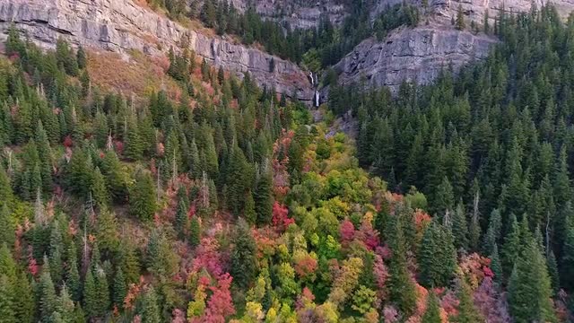 Flying over colorful trees towards rocky cliffs and Upper Falls in Provo Canyon