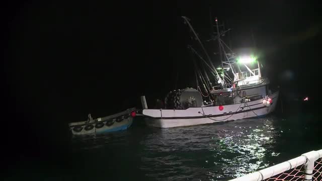 A fish-cutter works at night with its lights on.