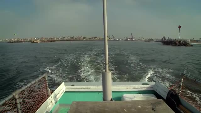 A boat sails away from shore, with a city in the distance.