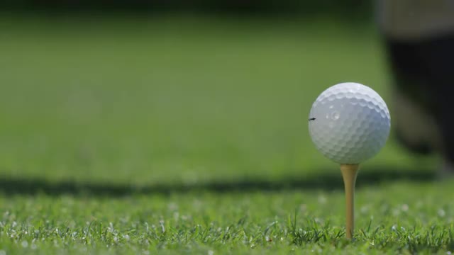 Close-up of a golf ball being hit off a tee.