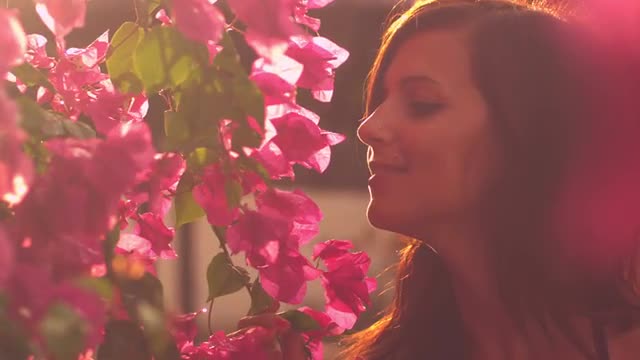 A close up of cute young woman smells some flowers A close up of cute young woman smells some flowers