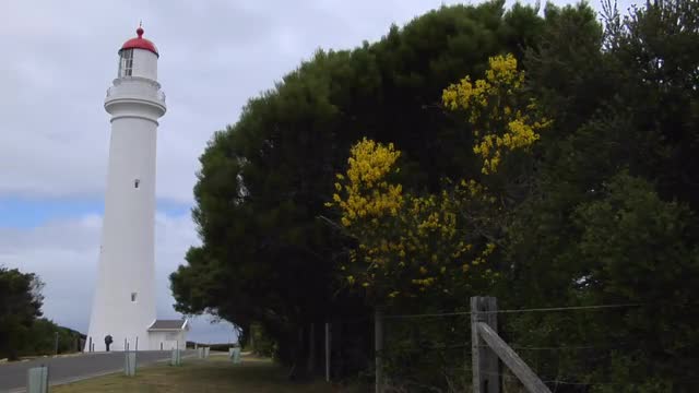 A lighthouse stands under an overcast sky.