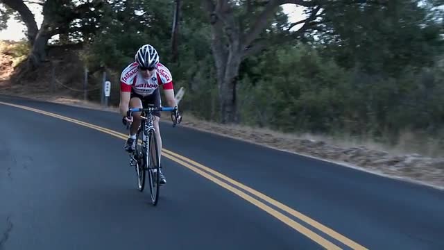 A cyclist on a rural tree lined road.