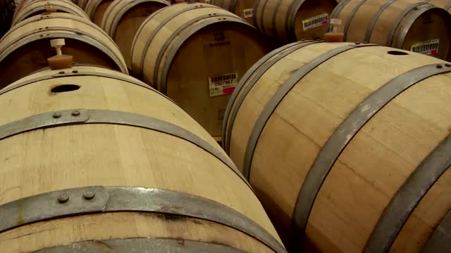 Wine barrels in a Santa Barbara County winery, California.