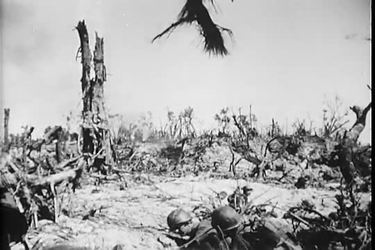 Amphibious invasion of beaches of a South pacific Island during World War Two.