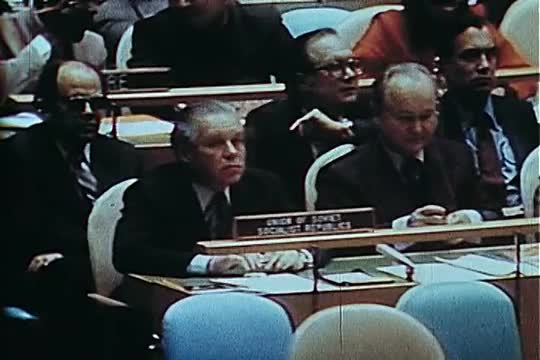 U.N. General Assembly votes on sanctions against USSR Russia for invasion of Afghanistan in 1979.
