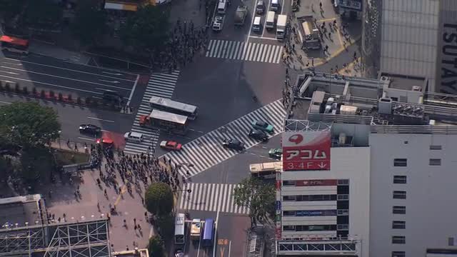 Aerial Metropolis Shibuya scramble crossing Tokyo rail Japan