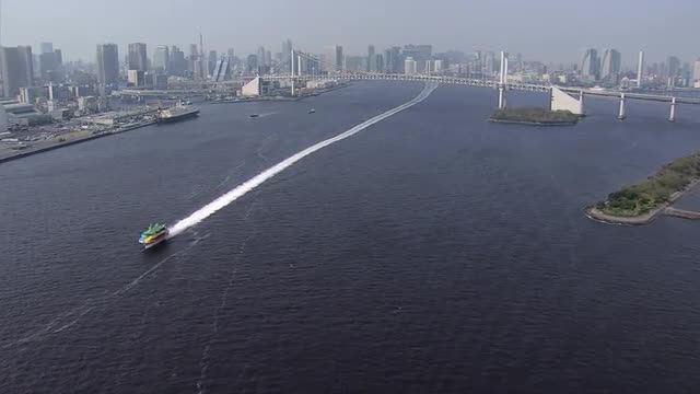 Aerial nautical vessels Rainbow Bridge Odaiba Tokyo Shuto Expressway